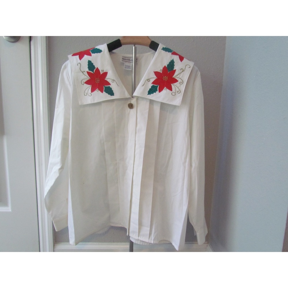 Vintage Westbound Blouse 14 White Poinsettia Embroidered Sailor Collar Christmas